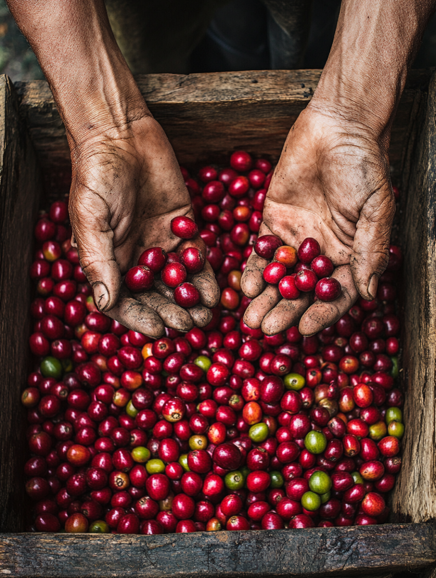 Authentic Colombian coffee farmer sorting ripe red coffee cherries at Finca Mastelo, Anolaima — honey and washed process selection